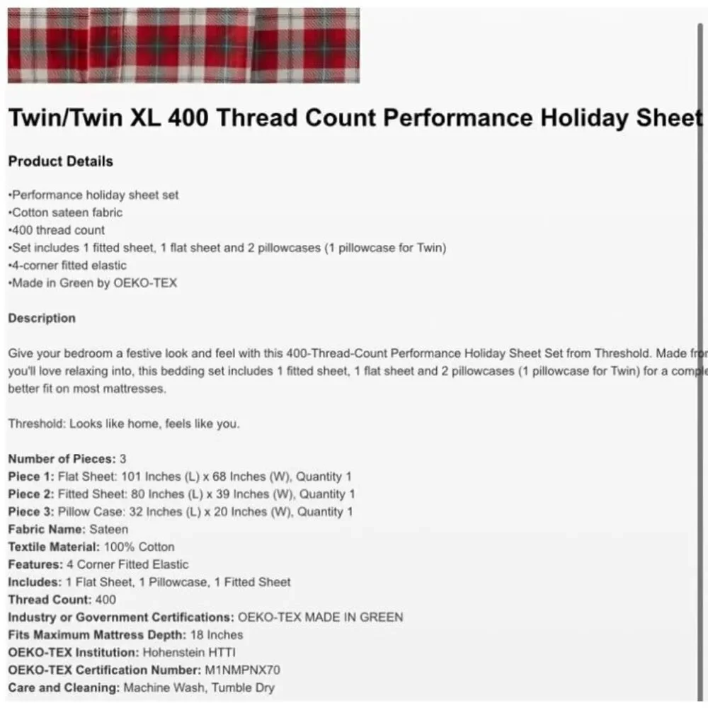Threshold Performance Holiday Plaid Bed Sheet Set Twin XL